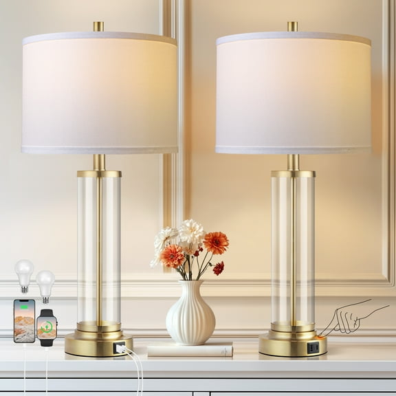 27" Modern Table Lamp for Bedroom Set of 2 with USB A+C Ports, 3-Way Dimmable Bedside Lamp for Living Room Bedroom (Bulbs Included)