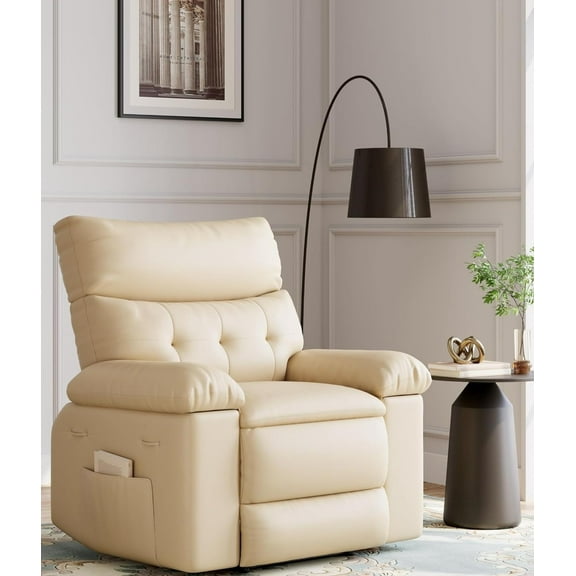 27'' Oversized Massage Recliner Chair for Adults, Lounge Recliner with Vibrating and Heating, PU Leather Recliner with Cup Holders and Side Pockets, for Living Room, Bedroom, Creamy