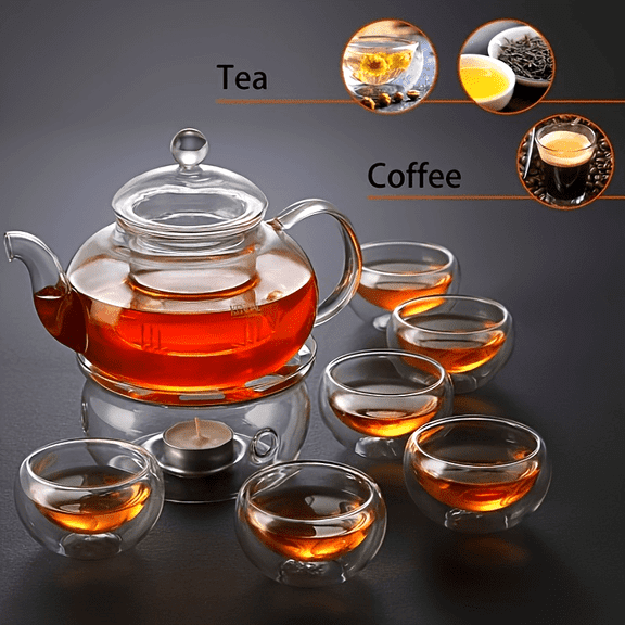 27 Oz Glass Teapot Set Stovetop Safe Tea Infuser Maker with a Candle Warmer and 6 Double Wall Teacups, Blooming & Loose Leaf Tea Pot CJ-800ml