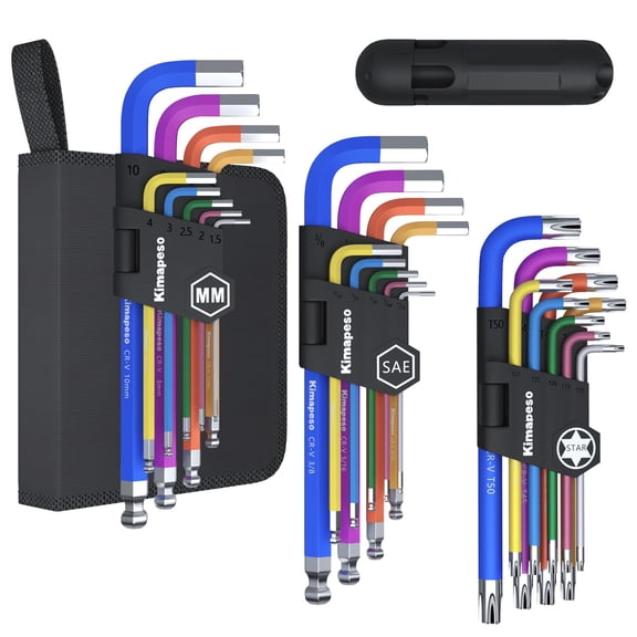 27 PCS Allen Key Set Torx SAE Metric Allen Wrenches Set Long Arm Ball End Hex Key Wrench Sets with T-Handle L-Hex Key Set Metric 1.5 to 10mm SAE 1/16 to 3/8″ Torx T10 to T50