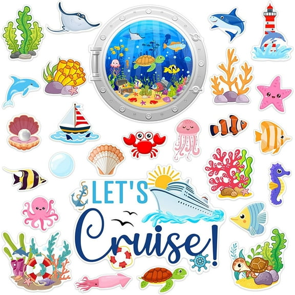 27 PCS Cruise Ship Door Magnets Decorations Cute Ocean Animal and Plants Magnet Stickers Fish Crab Shark Ships Magnets for Refrigerator Cruise Door Car Carnival Party Supplies Decoration