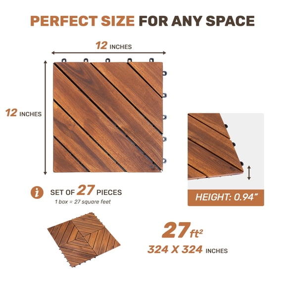 27 PCS Interlocking Deck Tiles Diagonal Pattern, 12x12 Acacia Wood Patio Tiles Waterproof, All-Weather Outdoor Decking for Garden, Pool, Balcony, No Tools Required