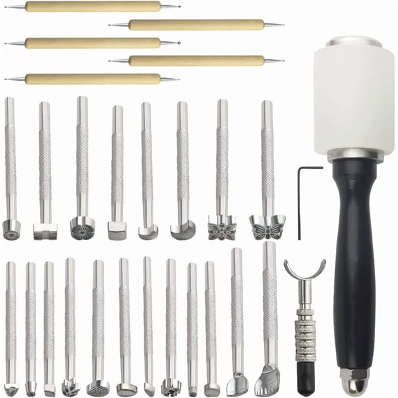 27 PCS Leather Stamping Tools Leather Carving Working Saddle Making Tools DIY Leather Craft Stamps Set Hammer Swivel Knife for Leather Craft DIY