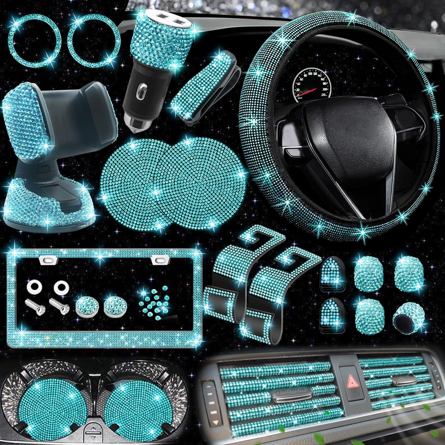 27 PCs Aquamrine Bling Car Accessories Set for Women, Steering Wheel Covers Universal Fit 15 Inch, Bling License Plate Frame, Bling Phone Holder, Bling Car Coasters (Aquamrine Diamond)