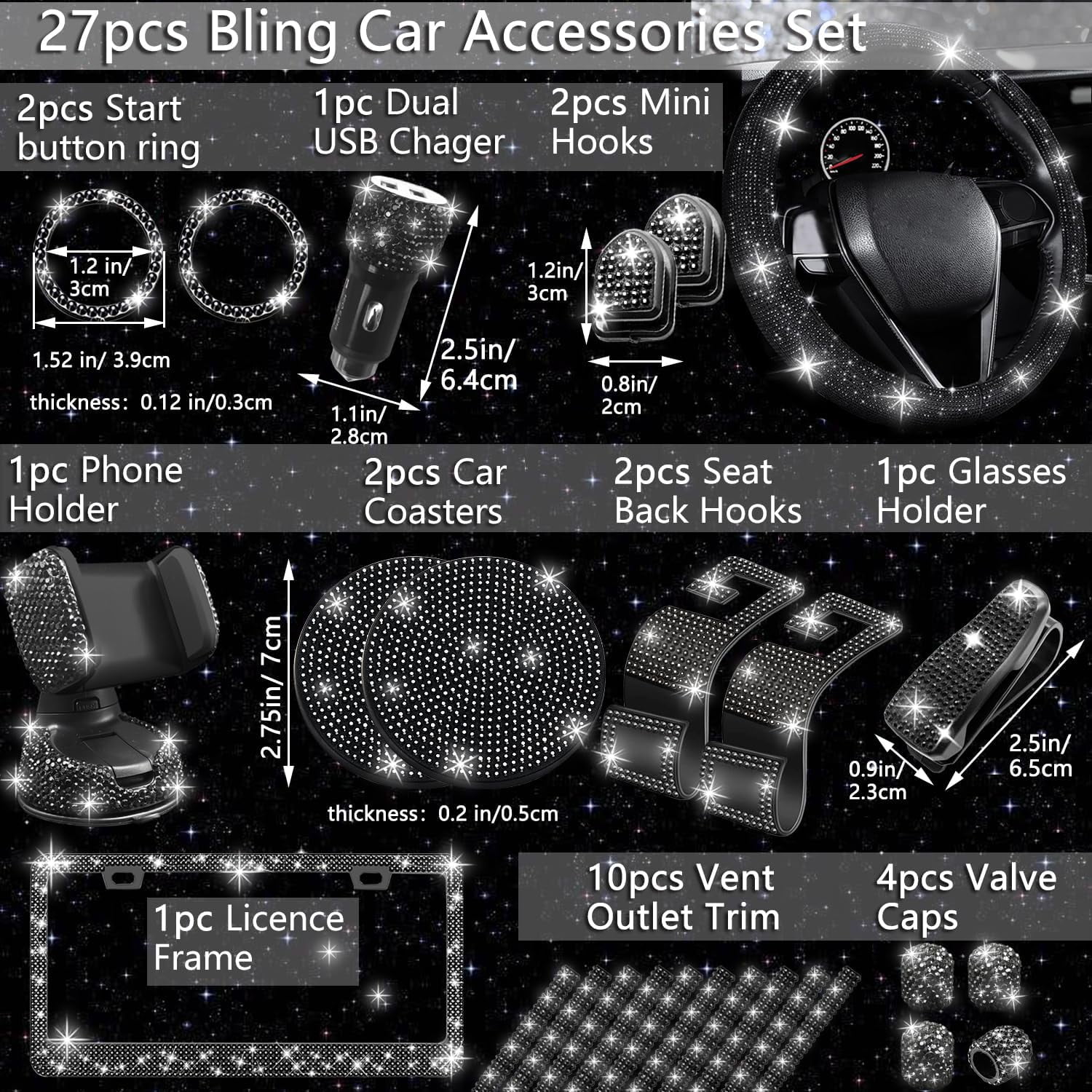 27 PCs Black Bling Car Accessories Set for Women, Bling Steering Wheel Covers Universal Fit 15 Inch, Bling License Plate Frame, Bling Phone Holder, Bling Car Coasters (Black Diamond)