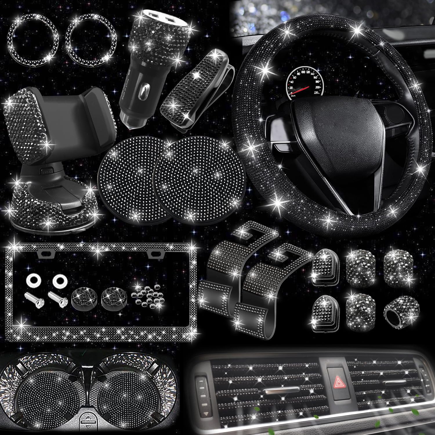 27 PCs Black Bling Car Accessories Set for Women, Steering Wheel Covers Universal Fit 15 Inch, Bling License Plate Frame, Bling Phone Holder, Bling Car Coasters (Black Diamond)