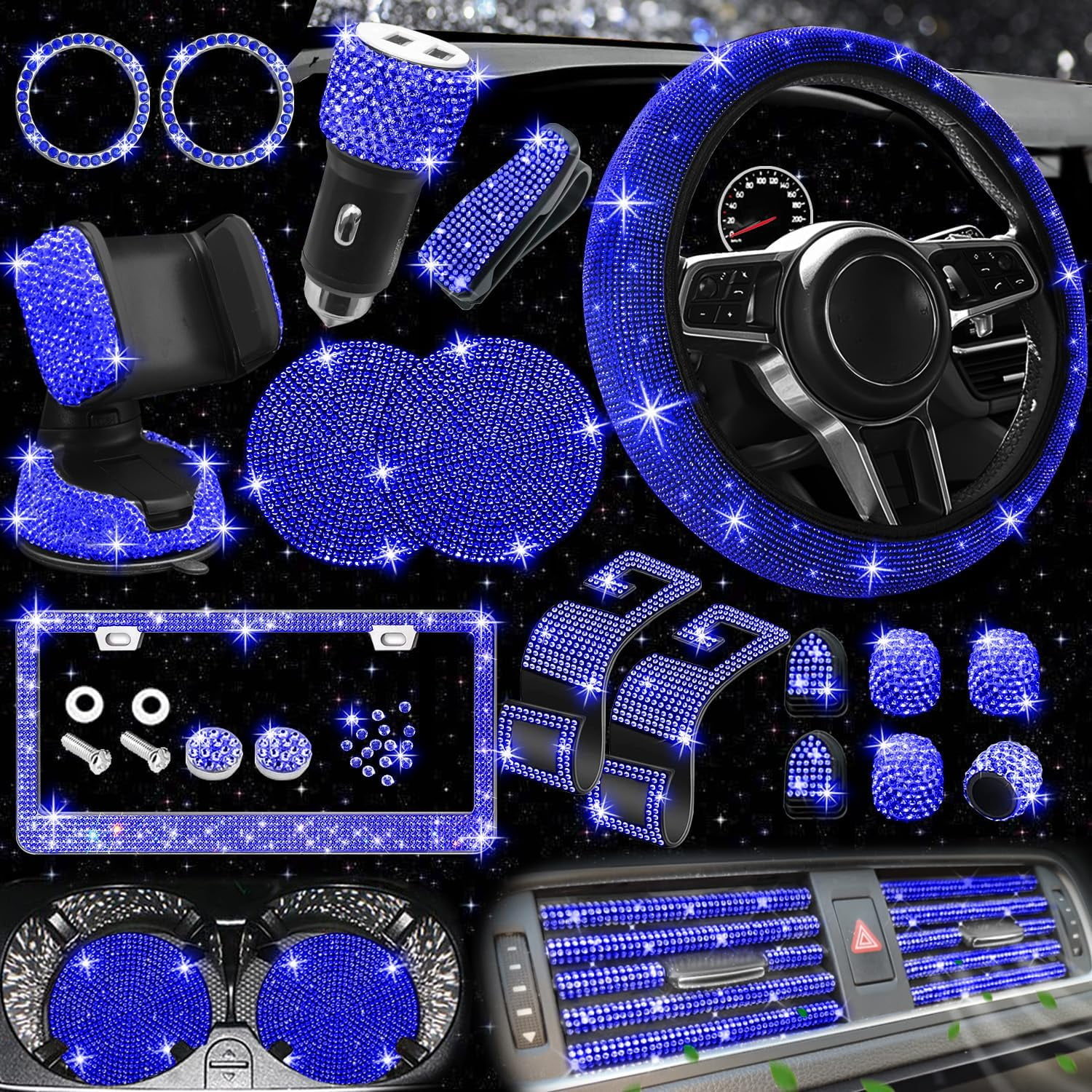 27 PCs Blue Bling Car Accessories Set for Women, Steering Wheel Covers Universal Fit 15 Inch, Bling License Plate Frame, Bling Phone Holder, Bling Car Coasters (Blue Diamond)