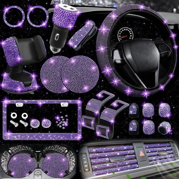27-Piece Purple Diamond Bling Car Accessories Set for Women, Universal Fit, Steering Wheel Covers, License Plate Frame, Phone Holder & Car Coasters
