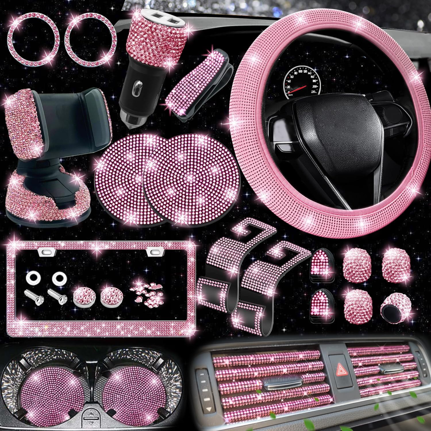 27 Pcs Pink Bling Car Accessories Set For Women Bling Steering Wheel