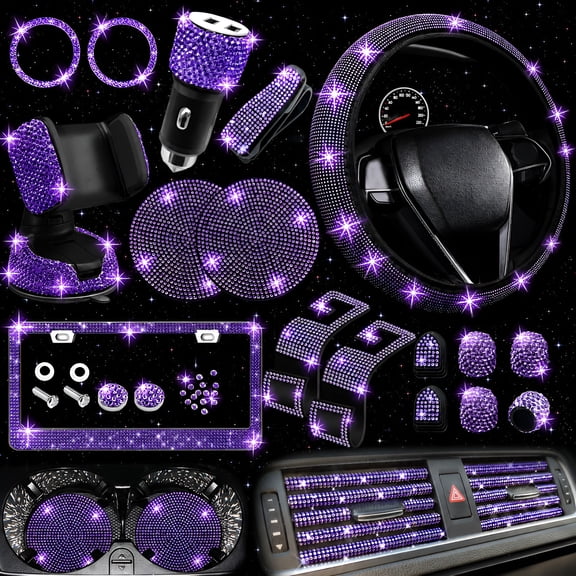 27 PCs Purple Violet Bling Car Accessories Set for Women, Steering Wheel Covers Universal Fit 15 Inch, Bling License Plate Frame, Bling Phone Holder, Bling Car Coasters
