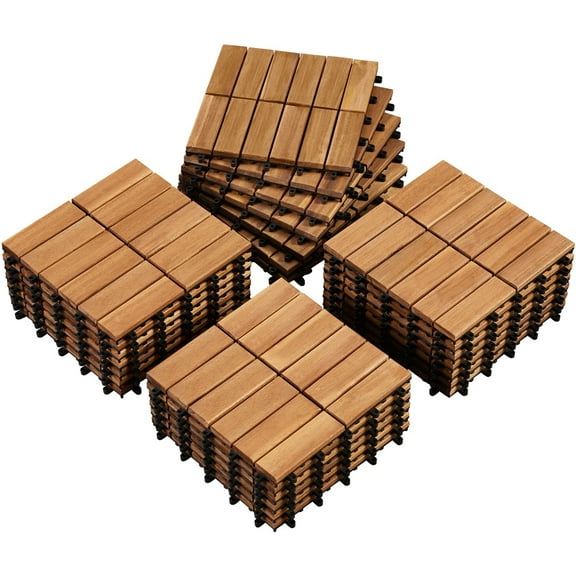 27 Pack Acacia Wood Interlocking Flooring Tiles - Water-Resistant Non-Slip Easy Snap DIY, Wood/Brown/Black for Indoor Outdoor Patio Deck Poolside Garden