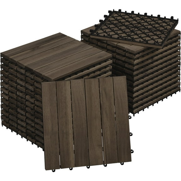 27 Pack Acacia Wood Interlocking Flooring Tiles - Water-Resistant Non-Slip Easy Snap DIY, Wood/Brown/Black for Indoor Outdoor Patio Deck Poolside Garden