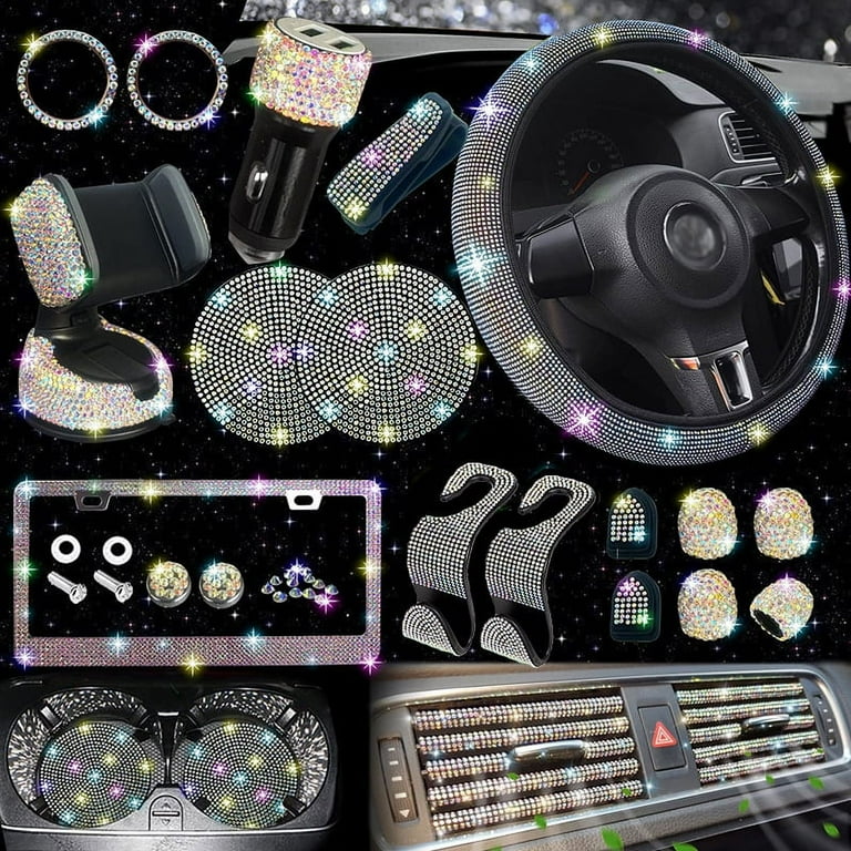 27 Pack Bling Car Accessories Set Bling Steering Wheel Cover Women Universal Fit Bling Seat Belt Covers Bling USB Charger
