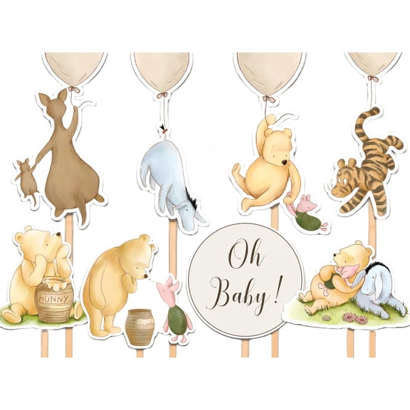 27 Pack Classic Winnie Centerpieces for Tables Pooh Toppers with Wooden Stick Oh Baby Party Decorations Boy Girl Baby Shower Decor