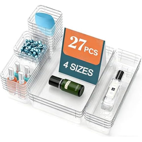 27 Pack Clear Plastic Drawer Organizer Set - 4 Sizes Makeup Vanity Organizer Chest of Drawers Storage Stackable Organizers Bins Divider Box for kitchens, Bedrooms, Bathrooms, Offices, Junk, Gadgets