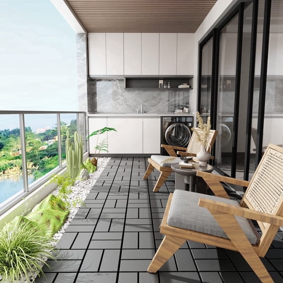 27 Pack Interlocking Deck Tiles, 12" x 12" x 0.9" Thick Waterproof PP Patio Flooring, Covers 27 Sq.Ft., Snap Together Outdoor Floor Tiles for Patio, Balcony, Porch, Backyard, Poolside & Garage