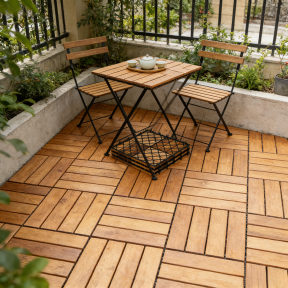 27 Pack Interlocking Deck Tiles 12In Acacia Wood Patio Flooring 27SqFt Coverage Outdoor Indoor Balcony Porch Garden Pathway Snap Together No Tools Required Pre Oiled Natural Hardwood Slats 42Lbs Set