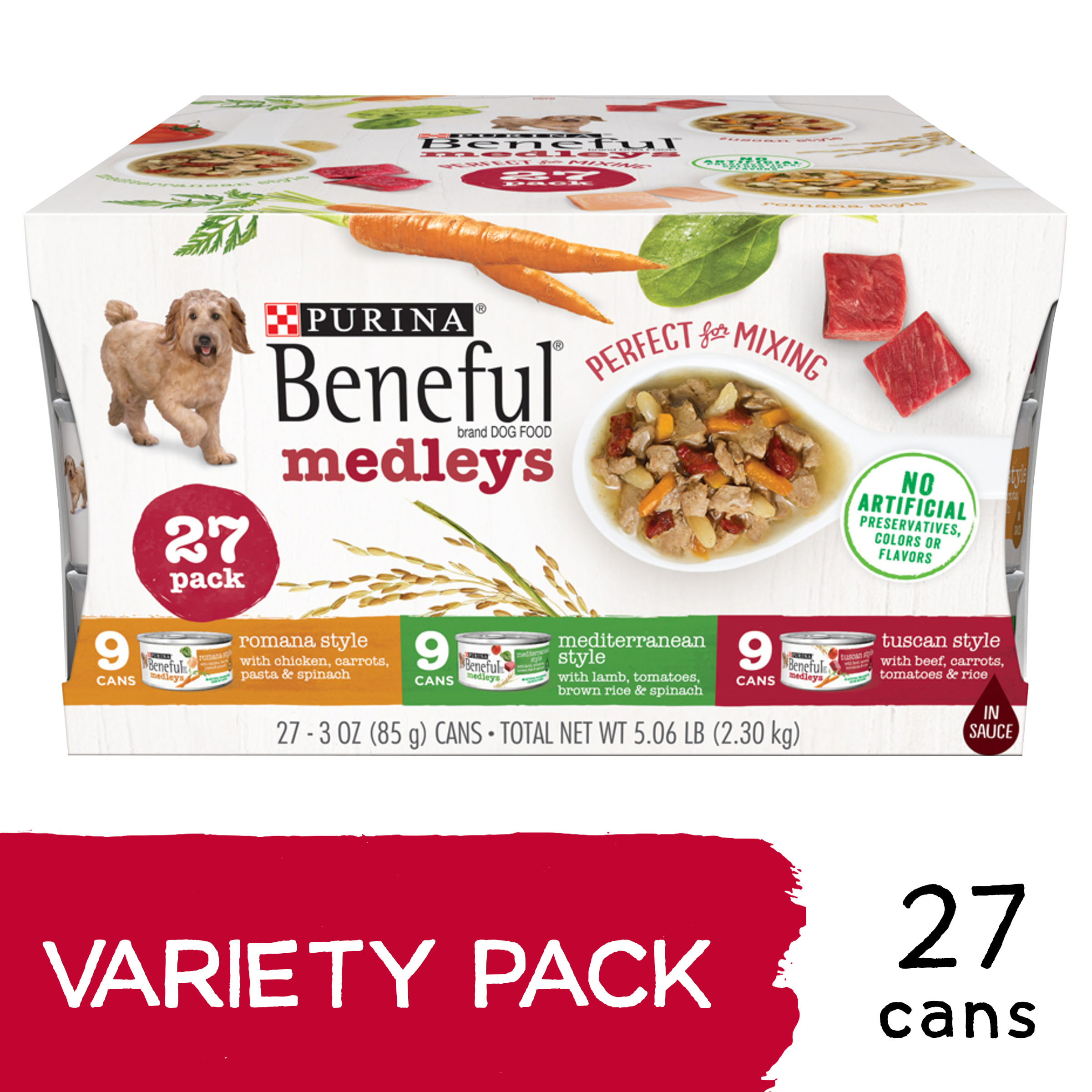 (27 Pack) Purina Beneful Wet Dog Food Variety Pack, Medleys Tuscan, Romana & Mediterranean Style - 3 oz. Cans - image 1 of 12