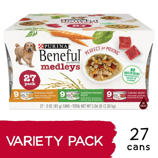 (27 Pack) Purina Beneful Wet Dog Food Variety Pack, Medleys Tuscan, Romana & Mediterranean Style - 3 oz. Cans