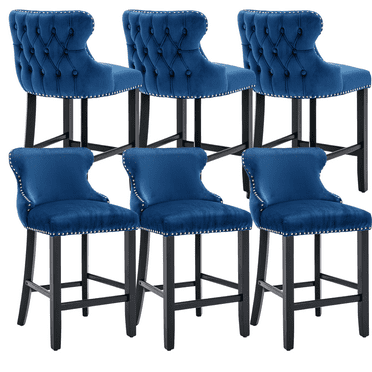 27" Padded Bar Stools, Tufted Velvet Upholstered Wing-Back Barstools with Nailhead Trim, Footrest and Solid Wood Legs, Comfy Button Tufted Counter Height Chairs Kitchen Chairs (Blue,Set of 6)