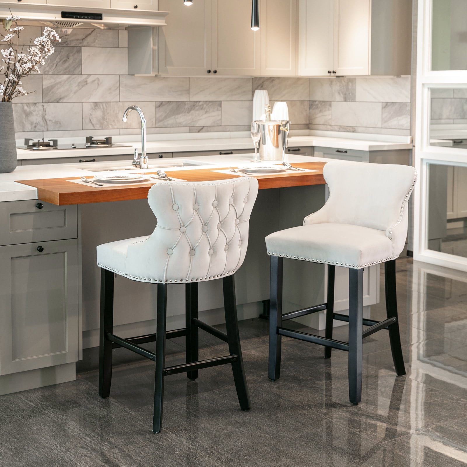 Rhomtree Wing Back Tufted Bar Stool with Nailhead Trim Solid Wood Legs Beige Set of 2 Walmart
