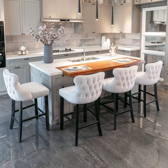 27" Padded Bar Stools, Tufted Velvet Upholstered Wing-Back Barstools with Nailhead Trim, Footrest and Solid Wood Legs, Comfy Button Tufted Counter Height Chairs Kitchen Chairs (Beige,Set of 4)