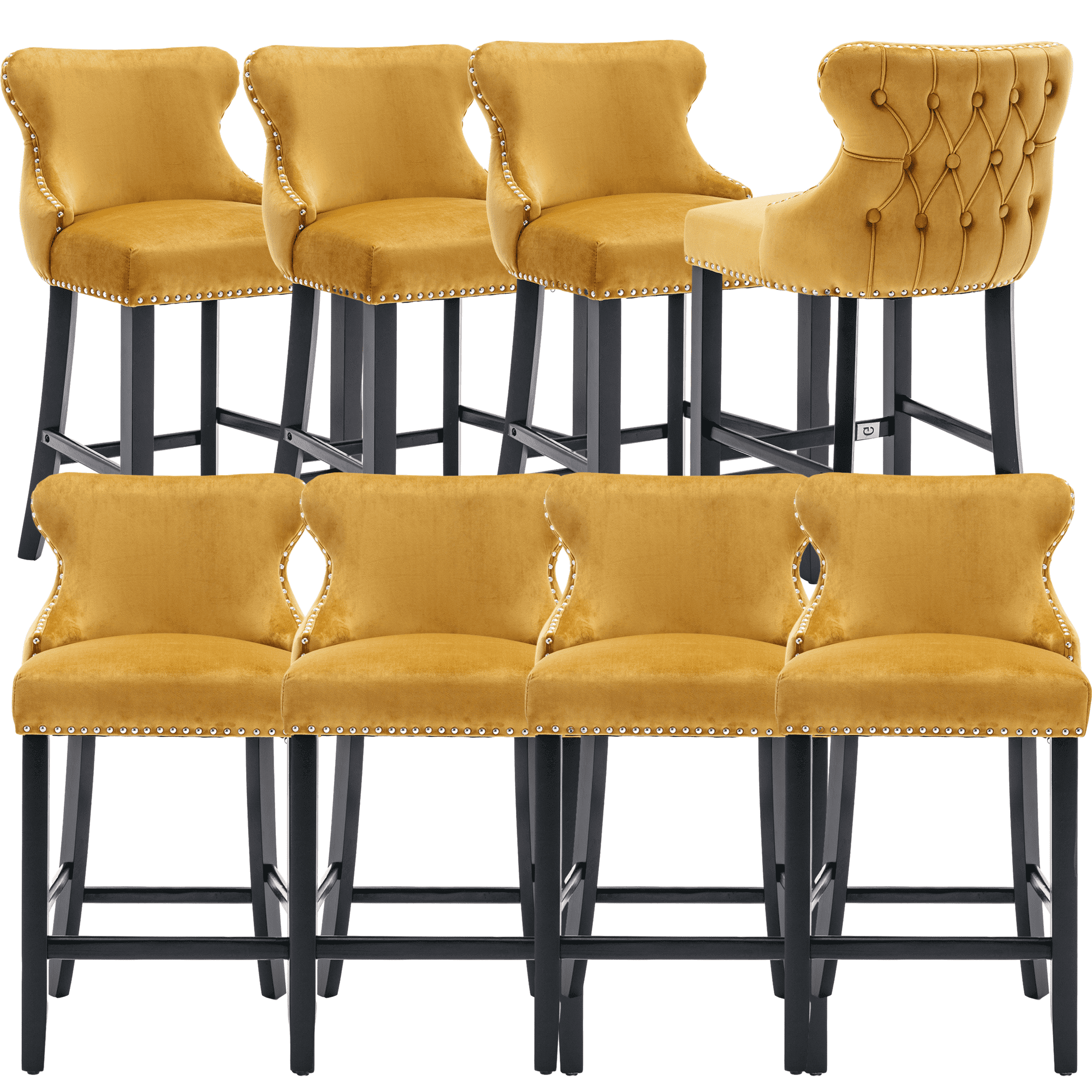 27" Padded Bar Stools, Tufted Velvet Upholstered Wing-Back Barstools with Nailhead Trim, Footrest and Solid Wood Legs, Comfy Button Tufted Counter Height Chairs Kitchen Chairs (Gold,Set of 8)