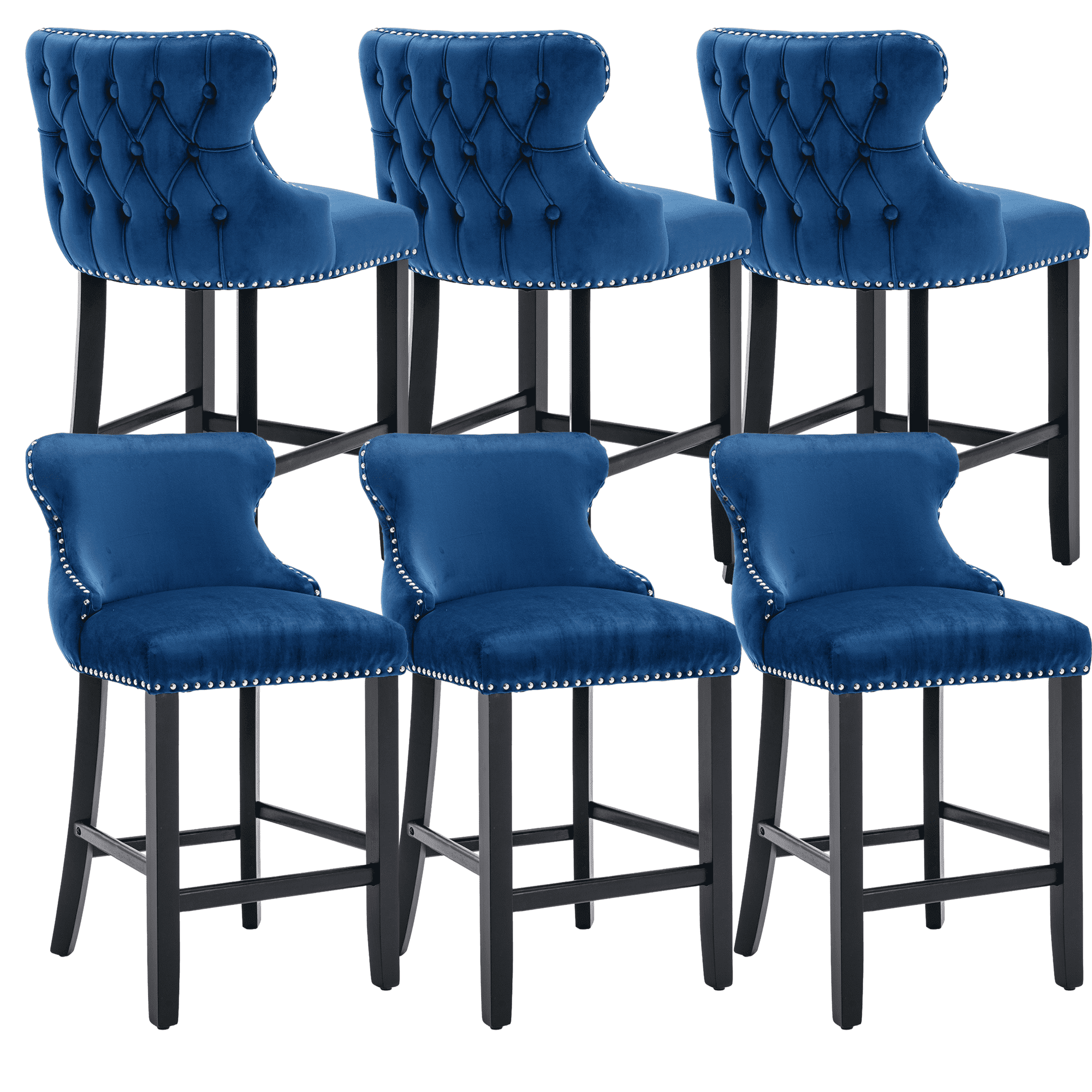27" Padded Bar Stools, Tufted Velvet Upholstered Wing-Back Barstools with Nailhead Trim, Footrest and Solid Wood Legs, Comfy Button Tufted Counter Height Chairs Kitchen Chairs (Blue,Set of 6)