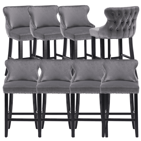 27" Padded Bar Stools, Tufted Velvet Upholstered Wing-Back Barstools with Nailhead Trim, Footrest and Solid Wood Legs, Comfy Button Tufted Counter Height Chairs Kitchen Chairs (Gray,Set of 8)