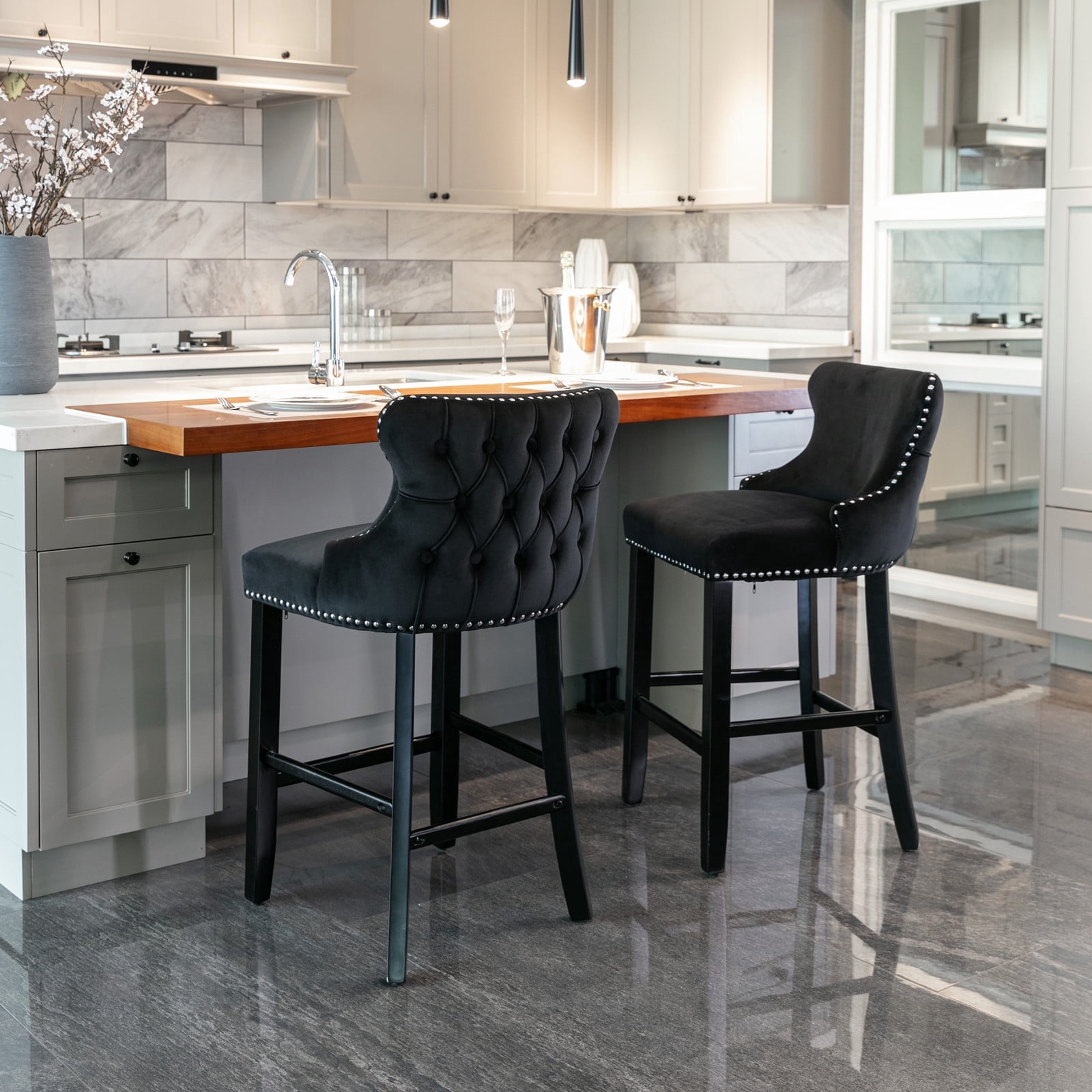 27" Padded Bar Stools, Tufted Velvet Upholstered Wing-Back Barstools with Nailhead Trim, Footrest and Solid Wood Legs, Comfy Button Tufted Counter Height Chairs Kitchen Chairs (Black,Set of 2)