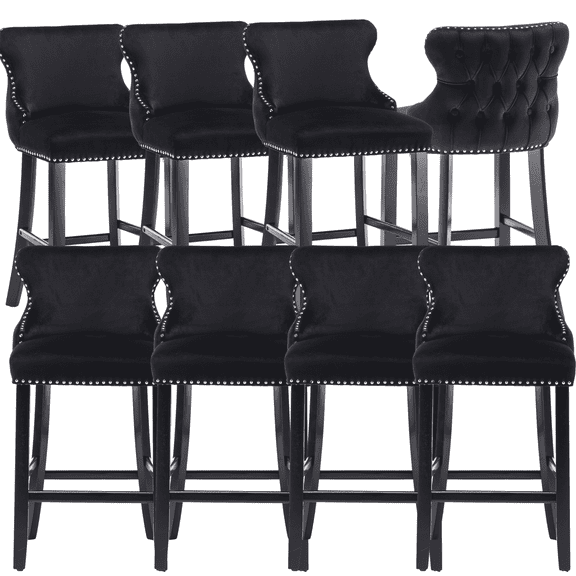 27" Padded Bar Stools, Tufted Velvet Upholstered Wing-Back Barstools with Nailhead Trim, Footrest and Solid Wood Legs, Comfy Button Tufted Counter Height Chairs Kitchen Chairs (Black,Set of 8)