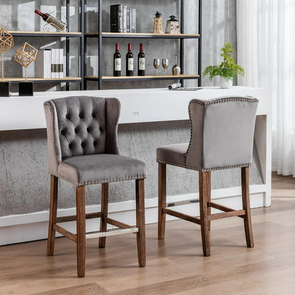 27" Padded Bar Stools, Tufted Velvet Upholstered Wing-Back Barstools with Nailhead Trim, Footrest and Solid Wood Legs, Comfy Button Tufted Counter Height Chairs with Tufted Back (Grey,Set of 2)