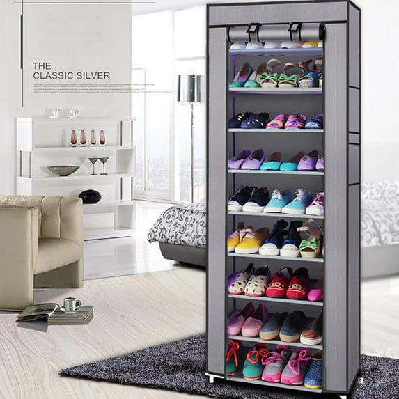 27-Pair Portable Shoe Rack, DIY Shoe Storage Shelf Organizer, Fashionable Room-Saving 9 Lattices Non-Woven Fabric Shoe Rack-Gray