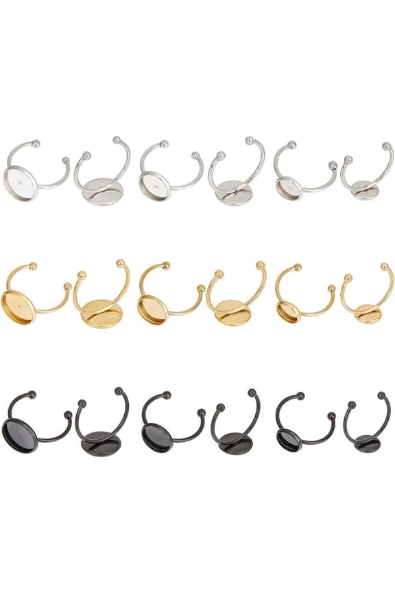27 Pcs 3 Colors Flat Round Blank Cabochon Rings Mixed Colors 304 Stainless Steel Open Cuff Rings Component with Cabochon Settings Tray
