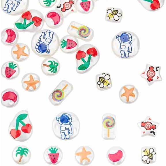 27 Pcs 9 Styles Imitation Pearl Beads 3D Printed Flat Round Beads with Strawberry Starfish Coconut Tree 3D Printed Plastic Beads Spacer Beads for Jewelry Making Colorful