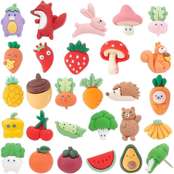 27 Pcs Autumn Theme Push Pins Animal Fruit Vegetable Pushers Resin Drawing Pins Thumb Tacks Cork Board Pins for Bulletin Board Photo Wall Pins Classroom Supplies DIY