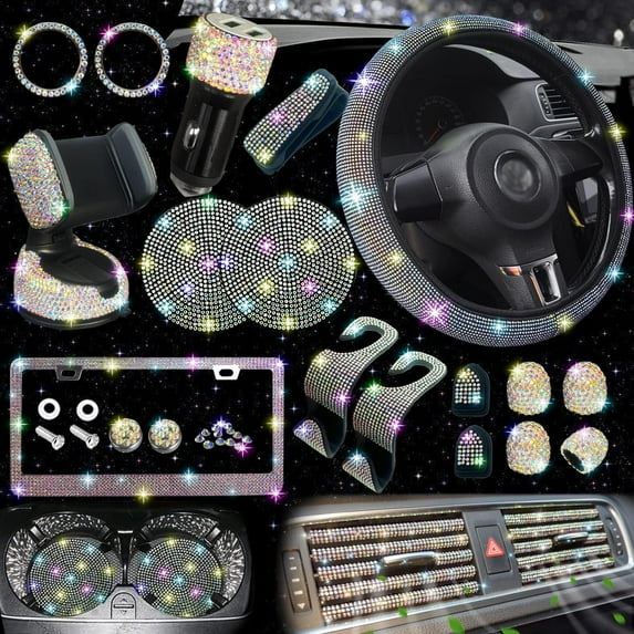 Complete 27 Pcs 15 Inch Universal Fit Sparkly Car Accessories Set for Women, Rhinestone Steering Wheel Cover, Bling License Plate Frame, Diamond Phone Holder & Coasters Interior Decor