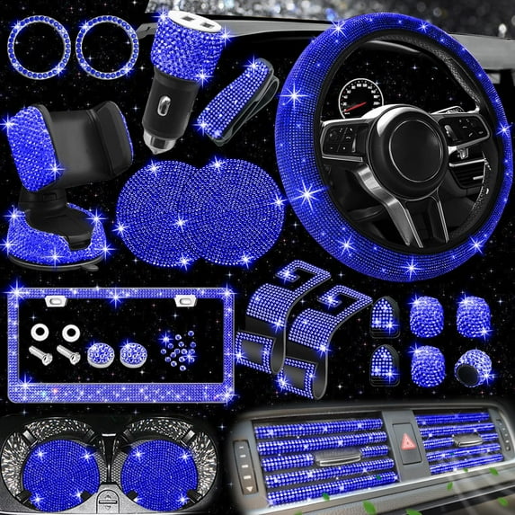 27 Pcs Bling Car Accessories Set, Diamond Steering Wheel Cover Universal Fit 15 Inch for Women, Complete Bedazzled Kit with License Plate Frame, Phone Holder & Car Coasters