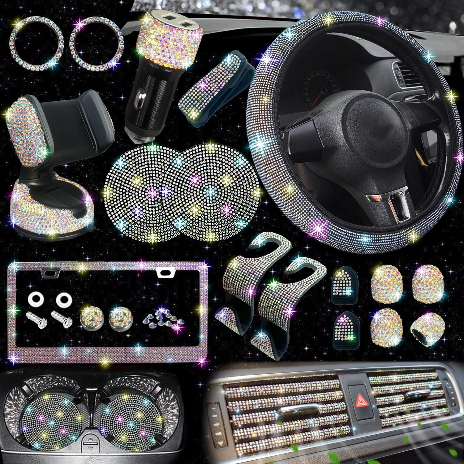 27 Pieces Bling Car Accessories Set for Women, Steering Wheel Covers Universal Fit 15 Inch, Bling Car Coasters, Bling License Plate Frame, Bling Phone Holder, Multicolor Diamond