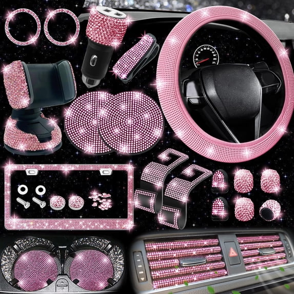27 Pcs Diamond Car Interior Accessories Set for Women, Include 15 Inch Steering Wheel Covers, Bling License Plate Frame, Bling Phone Holder, Bling Car Coasters, Pink