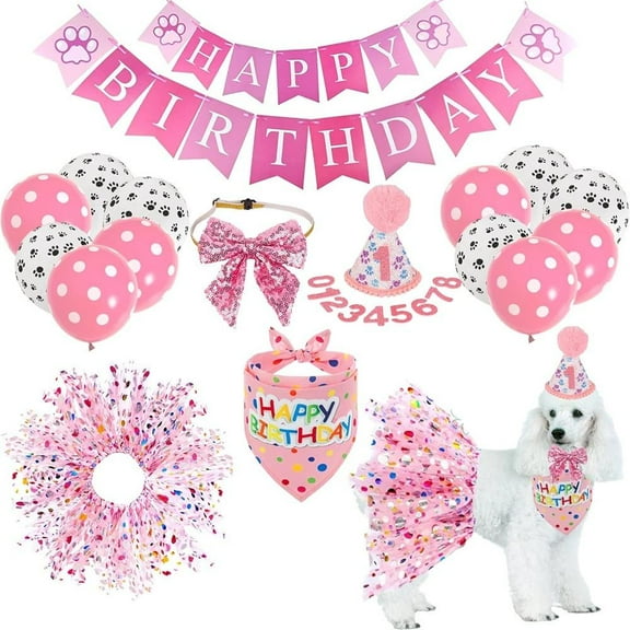 27 Pcs Dog Birthday Outfit Dog Birthday Bandana with Hat and Dress Set, Puppy Birthday Party Supplies, Cute Pink Tutu Skirt Outfit for Small Medium Dogs