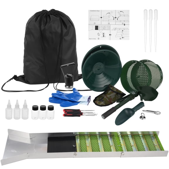 27 Pcs Gold Panning Kit With 50 In Folding Sluice Box, Portable Aluminum Alloy Mining Equipment, All-In-One Prospecting Set Includes Pans, Classifiers, And Drawstring Bag