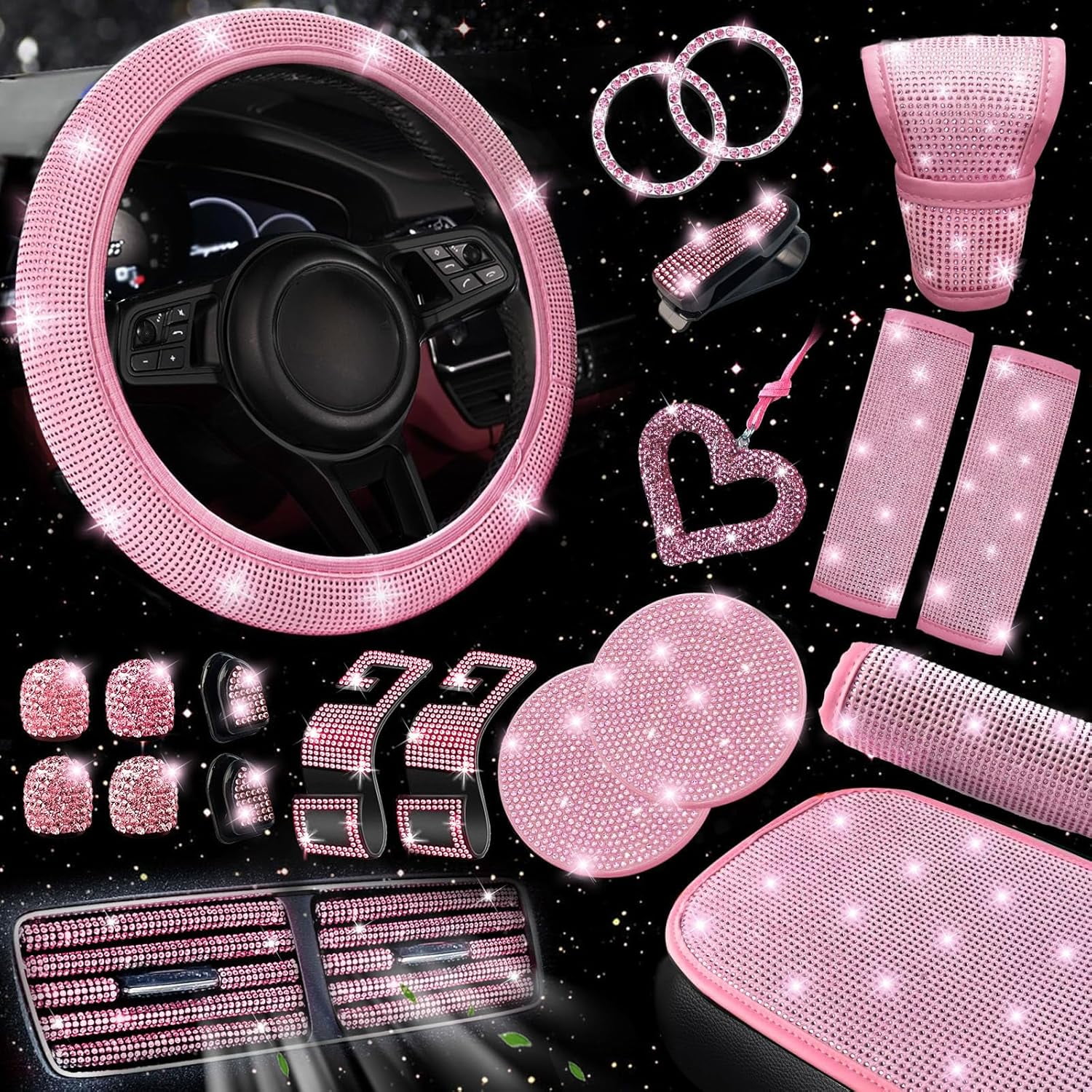 27 Pcs Pink Bling Car Accessories Set for Women, Steering Wheel Cover with Rhinestone Console Cover Seat Belt Cushion Shift Knob Cup Coaster Car Hanging (Pink)