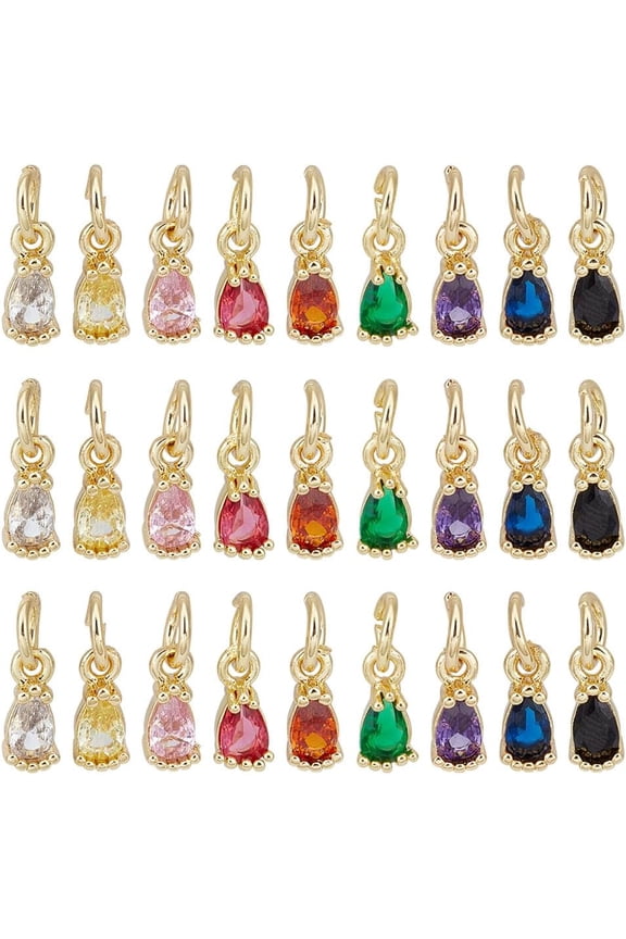 27 Pcs Real 18k Gold Plated Birthstone Charms 9 Colors Mini Cubic Zirconia Jewelry Making Charms Teardrop Birthstone Pendants with Jump Hooks for DIY Necklace Bracelet Earring Craft 8x3mm