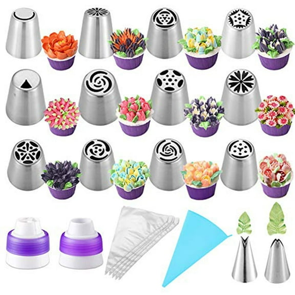 27 Pcs Russian Piping Tips Set, Cake Decorating Tips Baking Supplies for Cupcake Cookies Birthday Party