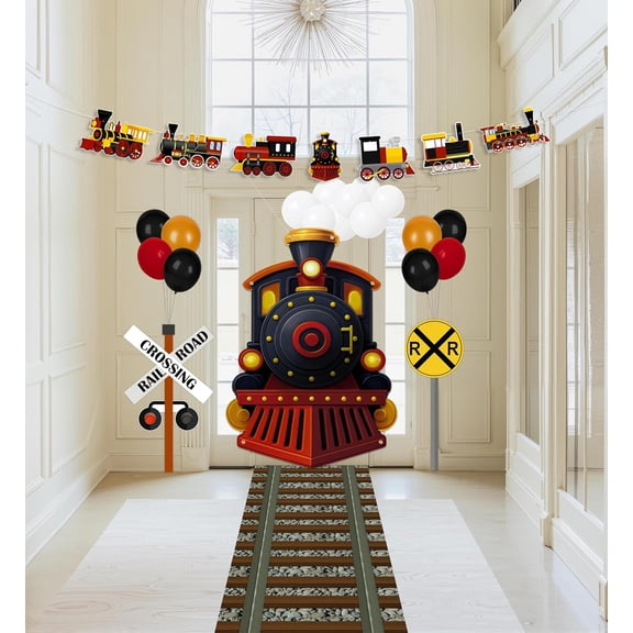 27 Pcs Train Party Decorations Railroad Runner Track Banner Backdrop Balloon for Door Birthday Theme Classroom Decor ( Black )