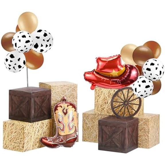 27 Pcs Western Cowboy Party Decorations, Hay Bales Boxes Wood Grain Boxes Inflatable Cowboy Boot Hat Balloons Wheel Centerpieces Decor for Photo Booth Props Wild West Western Birthday Party
