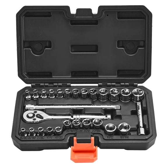 27 Piece 1/4 Inch Drive Socket and Ratchet Set SAE Metric Mechanic Tool Kit with Wrench Extension Bar Storage Case CR-V Alloy Steel for Automotive Repair