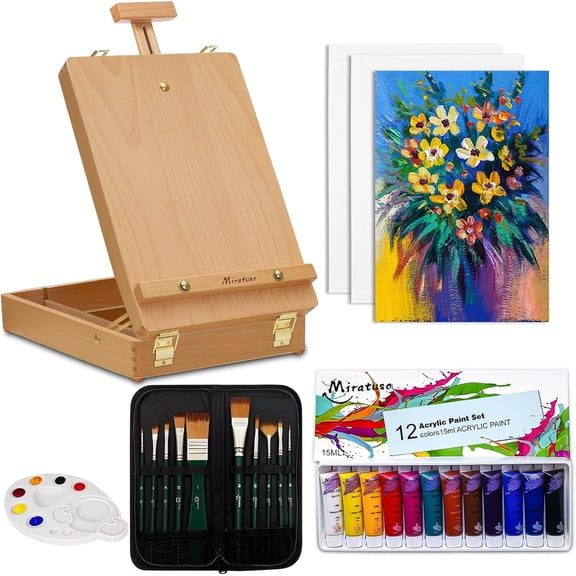 27 Piece Art Set with Tabletop Easel 12 Colors Acrylic Paint 10 Brushes 3 Canvas Panels Palette Style Sketchbox Set