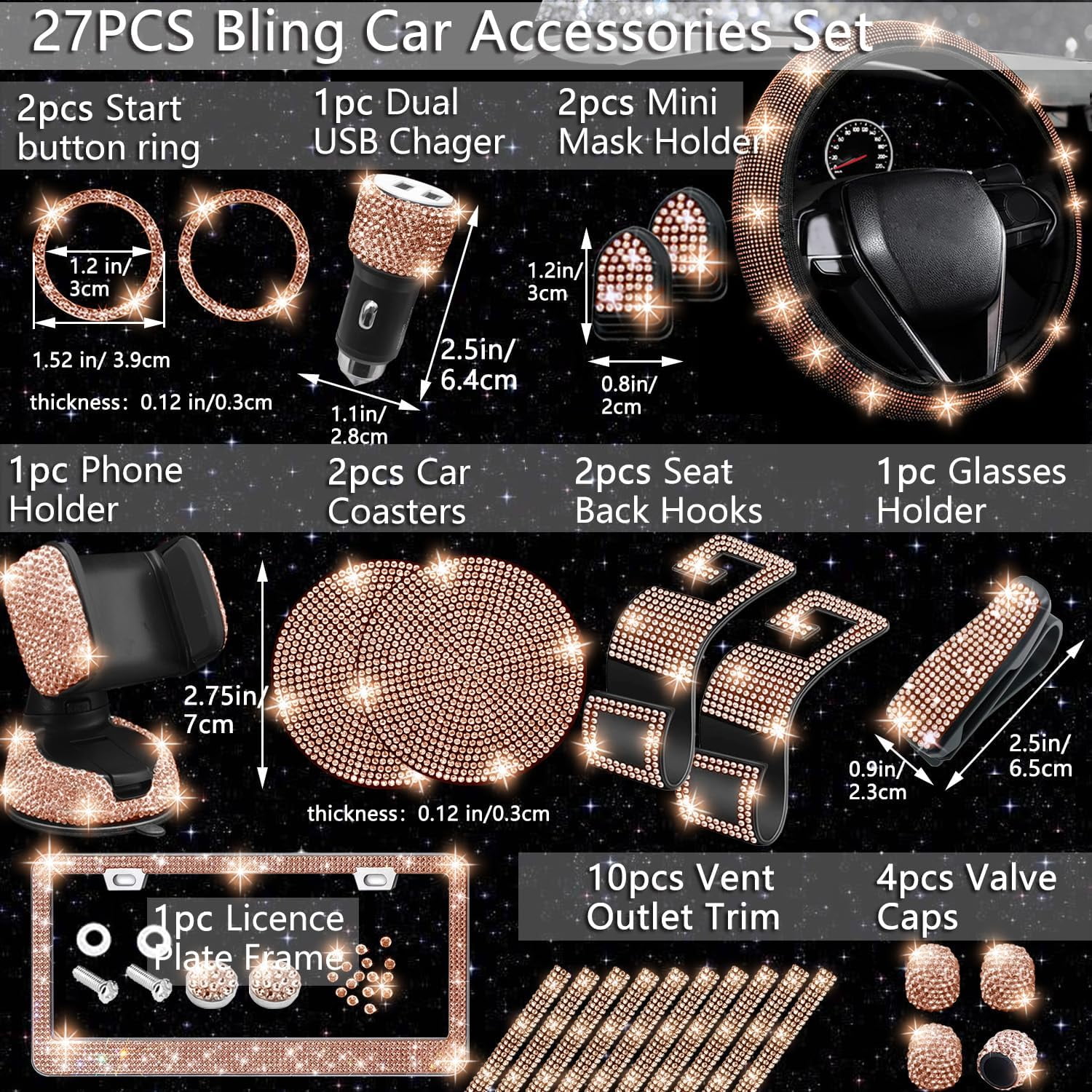 27-Piece Gold Champagne Bling Car Accessories Set for Women - Universal Fit 15-Inch Steering Wheel Covers, License Plate Frame, Phone Holder, Car Coasters